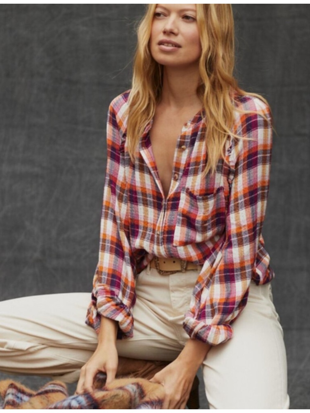 Anthropologie Pilcro Breezy Plaid Button Up Blouse Top Purple Orange Size XL - Picture 12 of 12